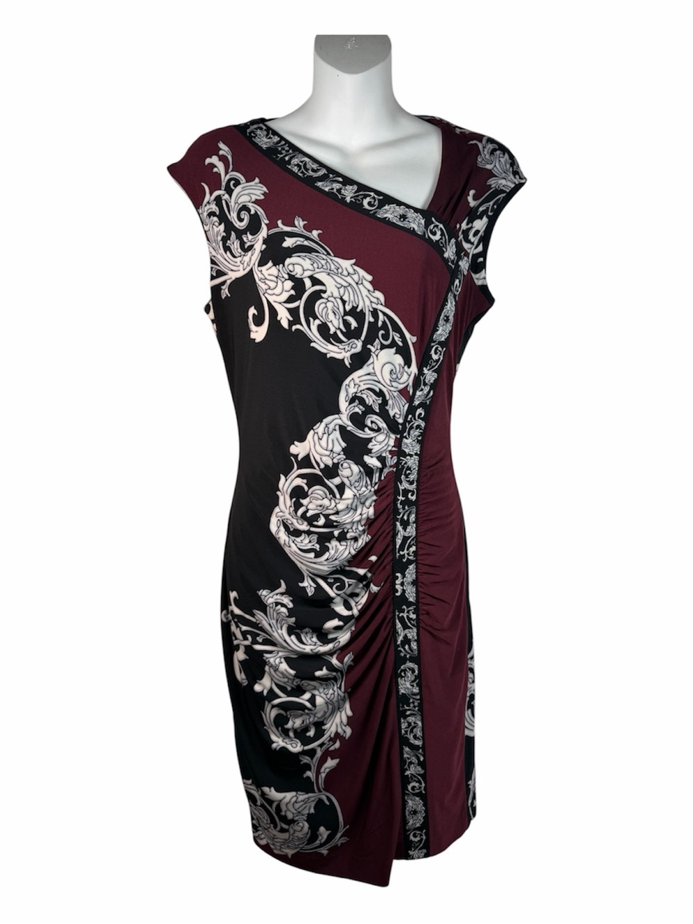 Cache Sheath Dress Cocktail Black Burgundy Asymmetrical Ruched Print S CapSleeve